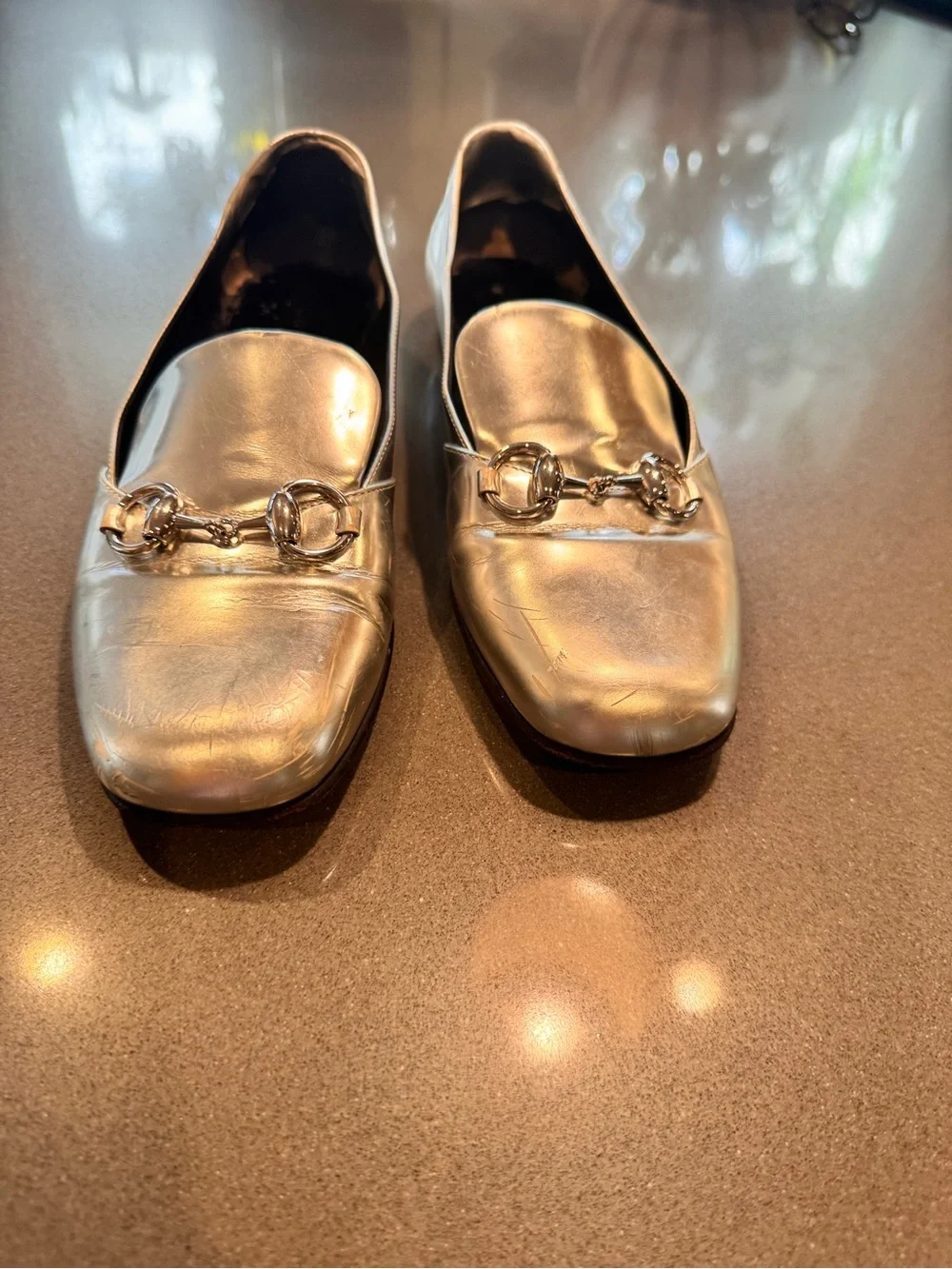 Gucci Metallic Silver Leather Horsebit Loafers - Women's - sz 7